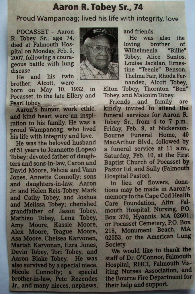 Aaron Robert Tobey, Sr 1932 – 2007 | PocassetCemetery.org